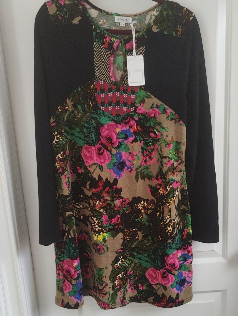 Adore Floral Print Long Sleeve Dress in Black and Tan